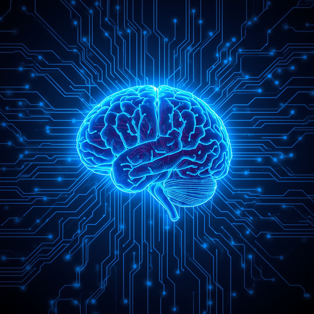 Artificial intelligence concept - human brain connected to circuit board - glowing blue design Artificial intelligence concept - human brain connected to circuit board - glowing blue design