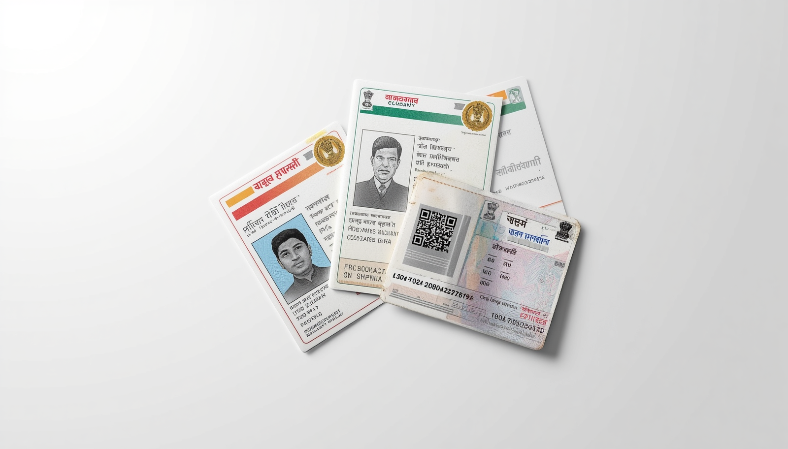 Documents showing - Aadhaar card, PAN card, Passport size photo