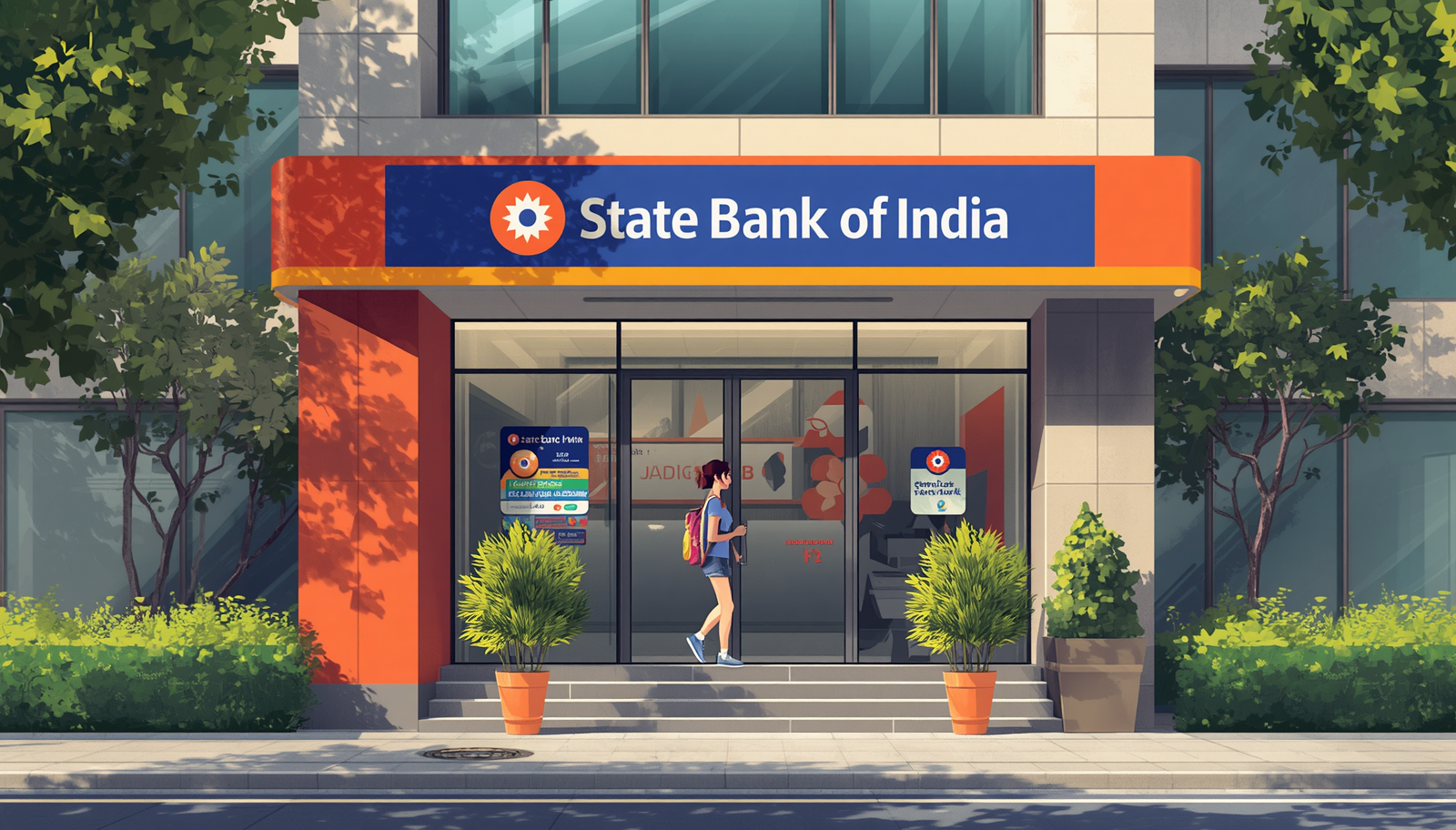 SBI branch exterior - student entering