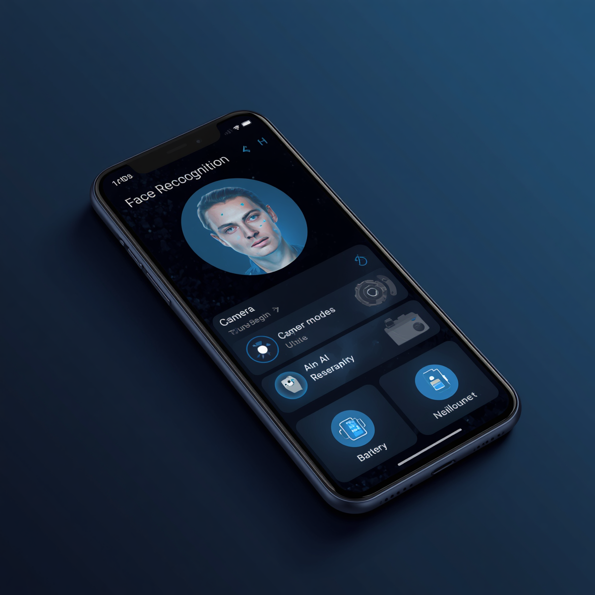 Smartphone screen showing face recognition, camera modes, and battery optimization - AI icons highlighted Smartphone screen showing face recognition, camera modes, and battery optimization - AI icons highlighted