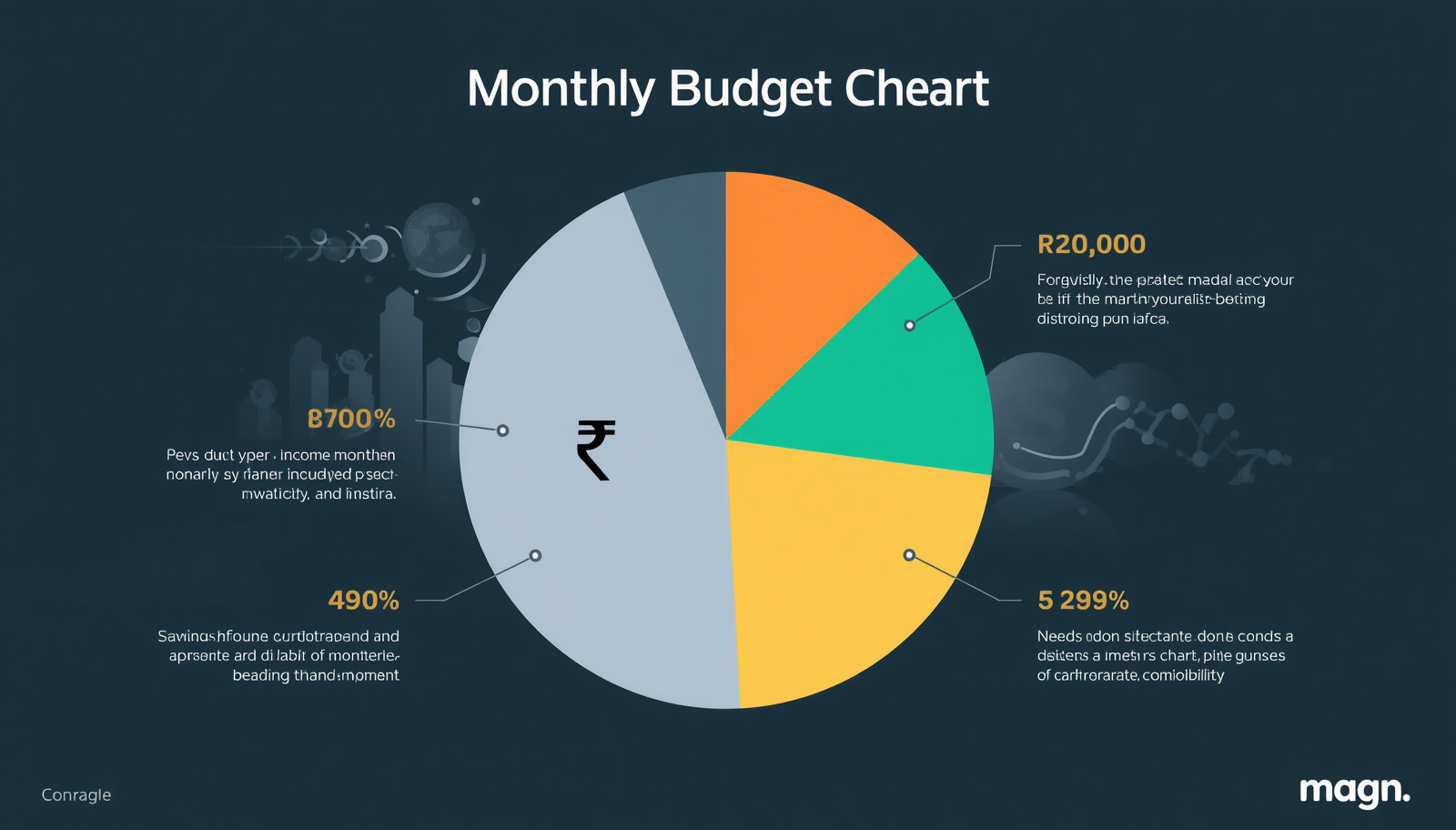 Monthly budget pie chart on ₹20,000 income – needs, wants, savings clearly shown