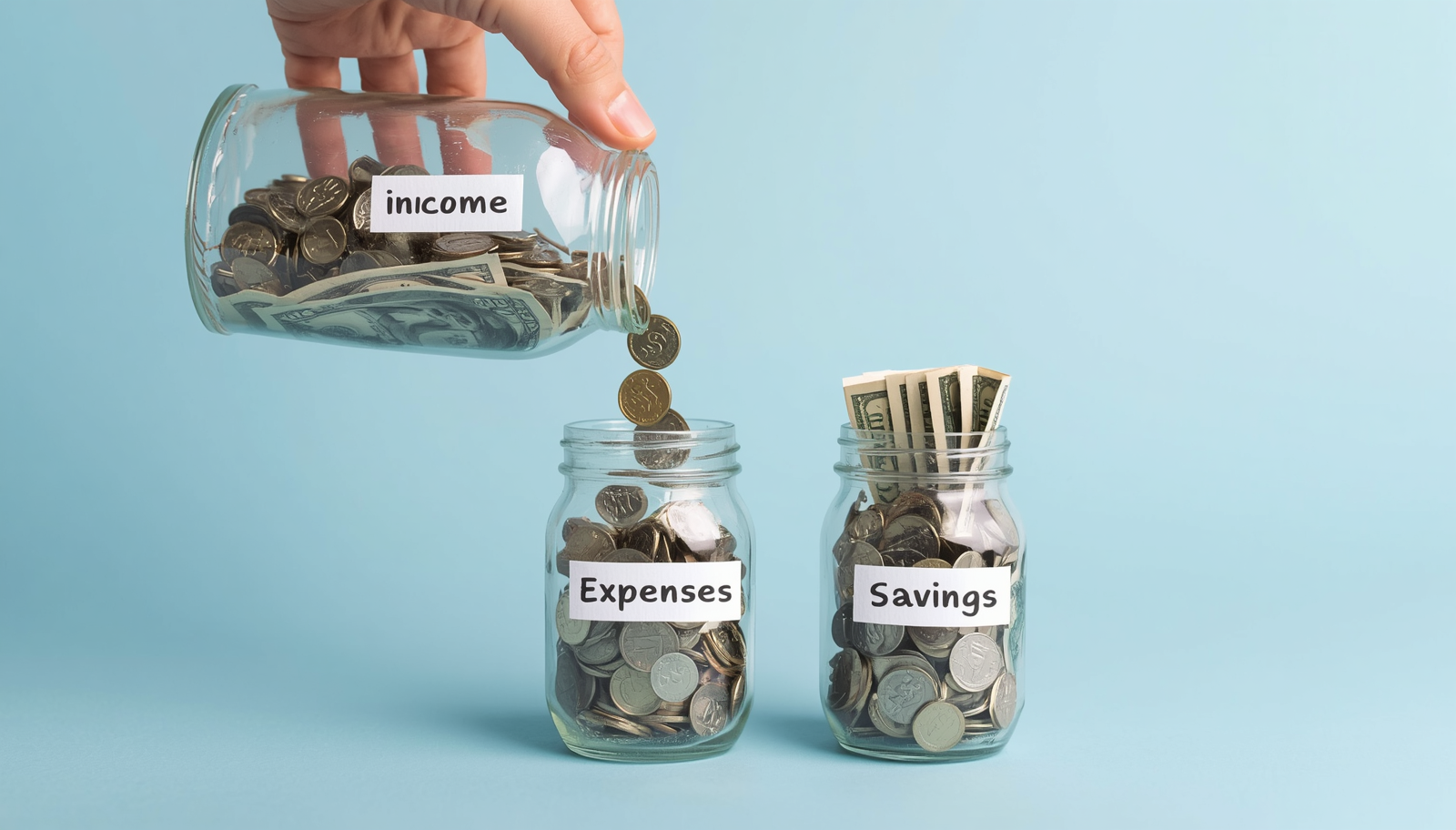 Two glass jars labeled “Income” pouring money into two smaller jars labeled “Expenses” and “Savings,” illustrating personal budgeting, money management, and financial planning.